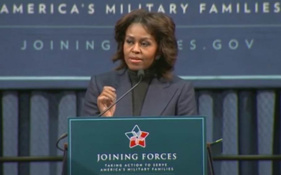 First Lady Michelle Obama announces a pledge by some of the biggest names in the construction industry to hire 100,000 veterans over the next five years.