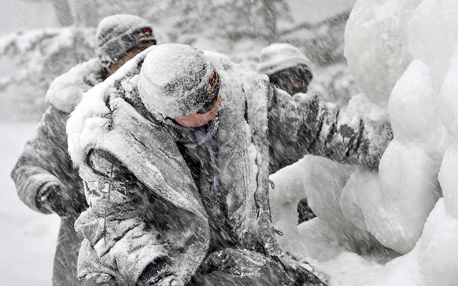 Petty Officer 2nd Class Justin Cable braves the elements as he creates a snow sculpture, Jan. 31, 2014 in Hokkaido, Japan. Cable is a member of the 2014 Navy Misawa Snow Sculpture Team, which built a frosty, 3-D version of the U.S. Navy Seabee's "Fighting Bee" logo for the 65th Annual Sapporo Snow Festival.