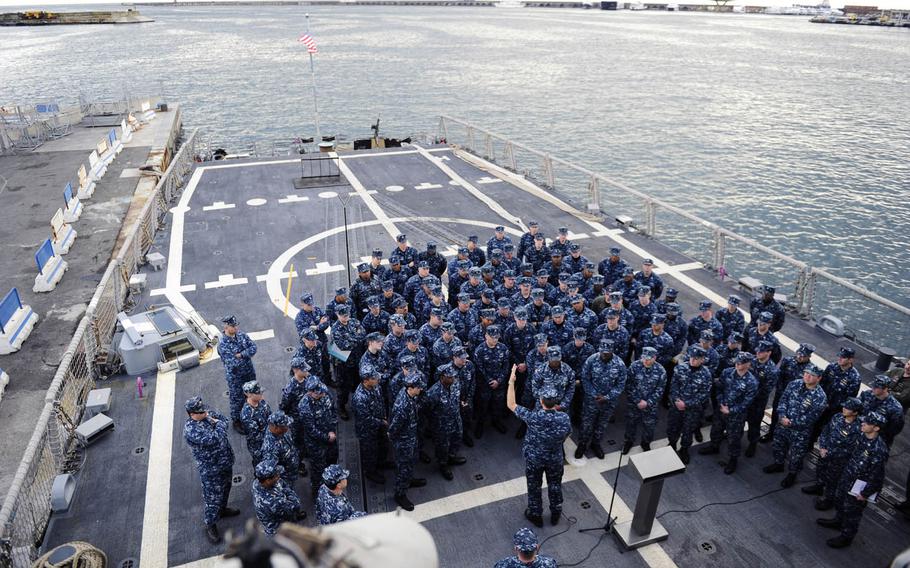 Vice Adm. Phil Davidson, commander, U.S. 6th Fleet, addresses the crew of the USS Taylor during an all-hands call on Jan. 29, 2014.