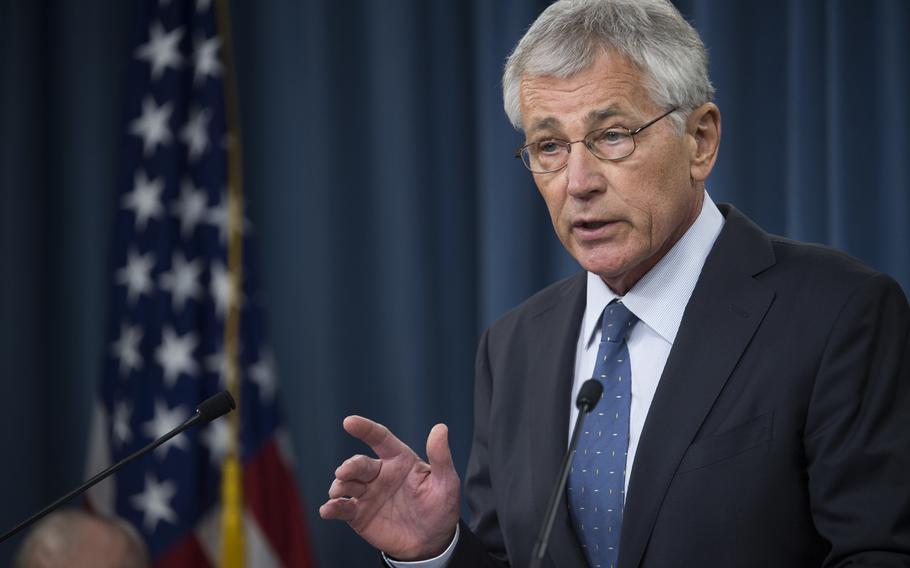 Secretary of Defense Chuck Hagel briefs the press regarding his recommendations to the President for the fiscal year 2015 budget at the Pentagon Feb. 24, 2014. 