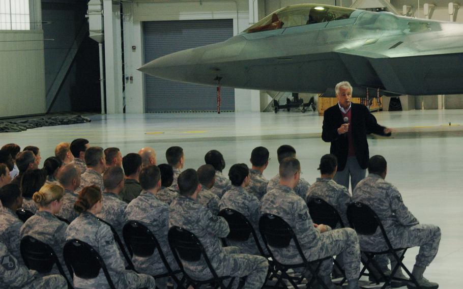 Defense Secretary Chuck Hagel, speaking to airmen at Joint Base Langley-Eustis in Virginia, talks about the proposed 2015 budget on Feb. 25, 2014.