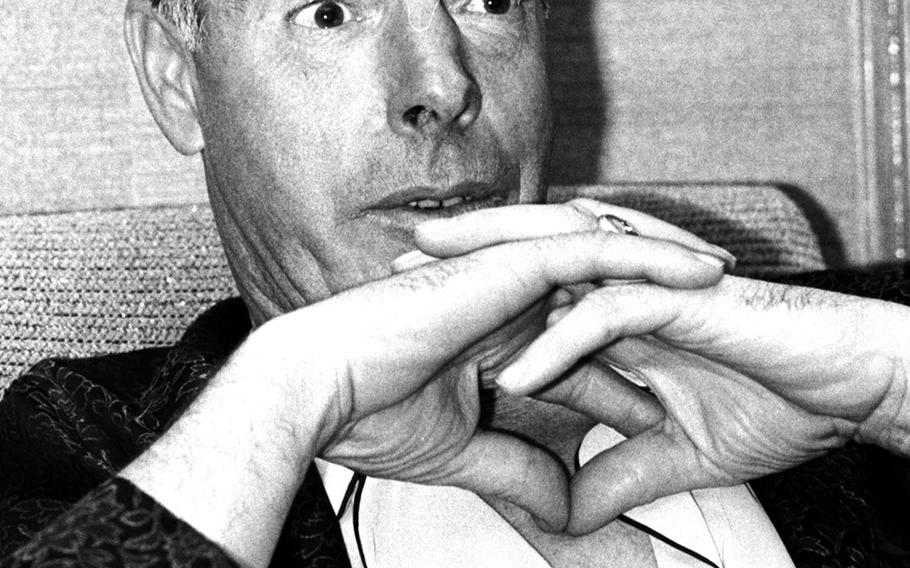Joe DiMaggio is interviewed in Tokyo in 1966.
