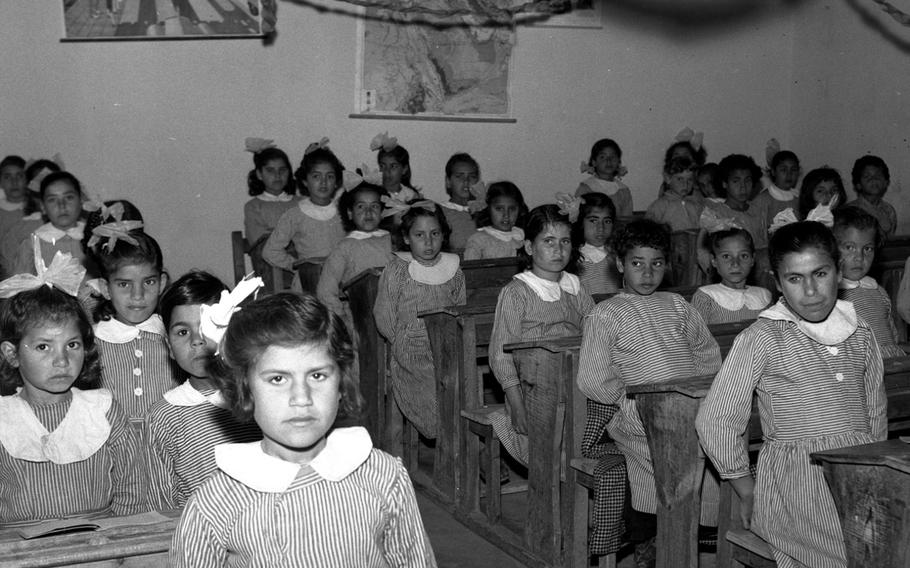 Schoolgirls in a classroom at Camp Jabaliya, one of the refugee settlements on the Gaza Strip, in February, 1958.