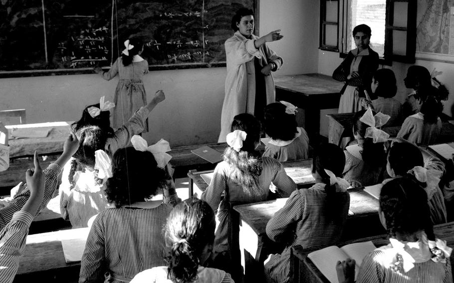 A colassroom at Camp Jabaliya, one of the refugee settlements on the Gaza Strip, in February, 1958.