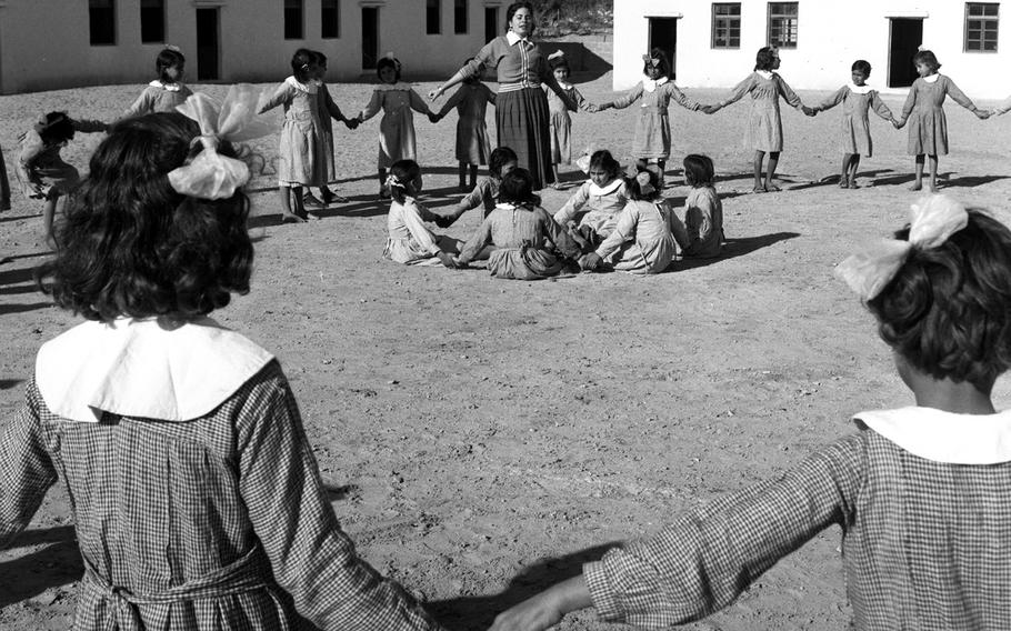 Recess time at Camp Jabaliya, one of the refugee settlements on the Gaza Strip, in February, 1958.