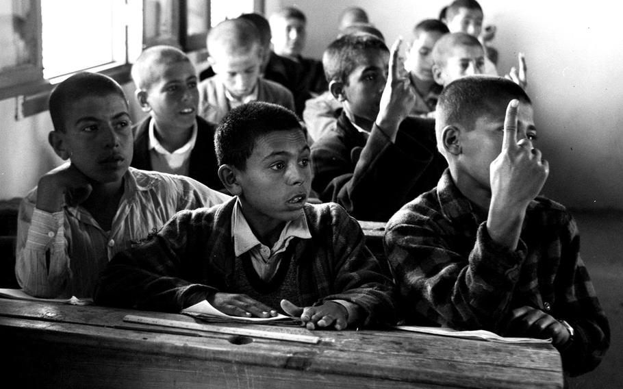 A classroom at Camp Jabaliya, one of the refugee settlements on the Gaza Strip, in February, 1958.