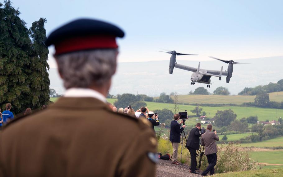 NATO defense ministers watch an Osprey land on Sept. 5, 2014, during a summit meeting in Wales, U.K., where attendees discussed, among other topics, plans for the mission in Afghanistan.