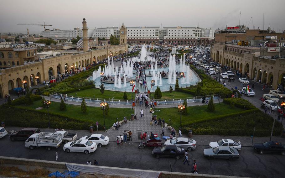 A view of the park and surrounding souq, a traditional market, from the flanks of the Irbil Citadel in the center of the capital of Iraqi Kurdistan, Aug. 25, 2014.

