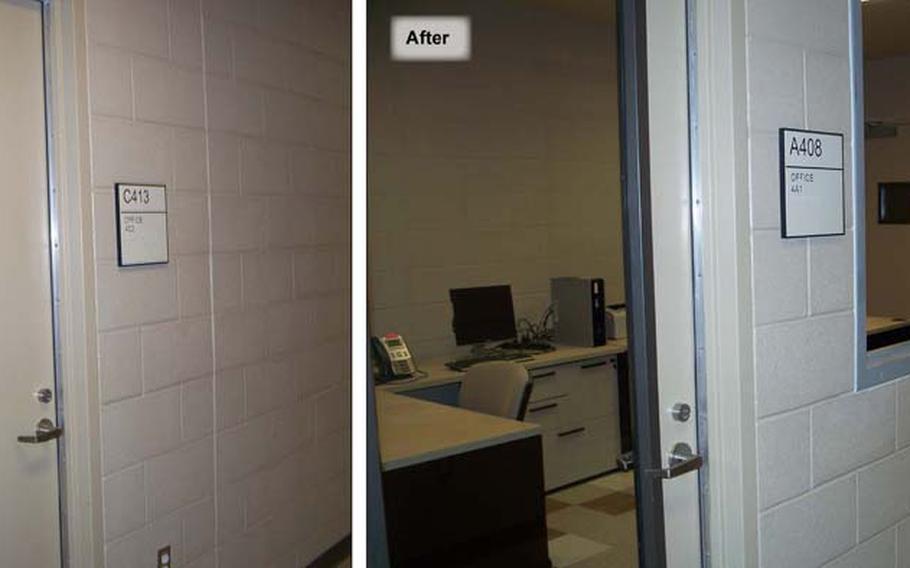 In this undated photo provided by the Government Accountability Office, an instructor's office at Lackland Air Force Base in Texas has been remodeled to include windows and glass doors as part of changes implemented to reduce sexual misconduct during basic training.