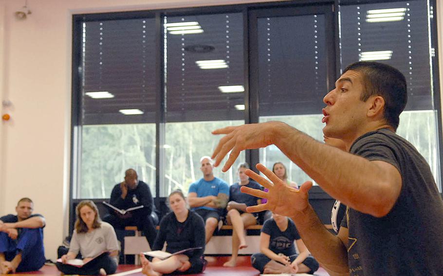 Rener Gracie emphasizes a point during a self-defense seminar, Thursday, Sept. 4 2014, at Ramstein Air Base, Germany. Gracie, along with his wife, Eve Gracie, and several other instructors from his academy led the four-day program. Nearly 120 people, military members and spouses, volunteered to take the class. Organizers are trying to promote self-defense in the community as one way of empowering airmen and others to protect themselves from becoming victims of crime, including sexual assault.