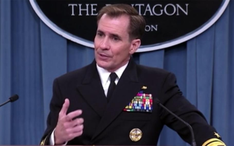 Pentagon press secretary Rear Adm. John Kirby talks to reporters, Sept. 12, 2014.