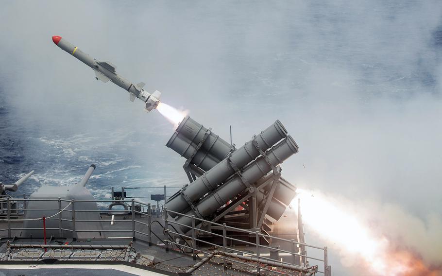 A HARPOON missile is launched from the guided-missile cruiser USS Shiloh on Sept. 15, 2014, during Valiant Shield 2014, an exercise integrating U.S. Navy, Air Force, Army, and Marine Corps assets. On Tuesday, Sept. 16, 2014, Defense Secretary Chuck Hagel testified before a Senate panel, saying the nation’s top military leaders have finalized plans to strike the Islamic State inside Syria