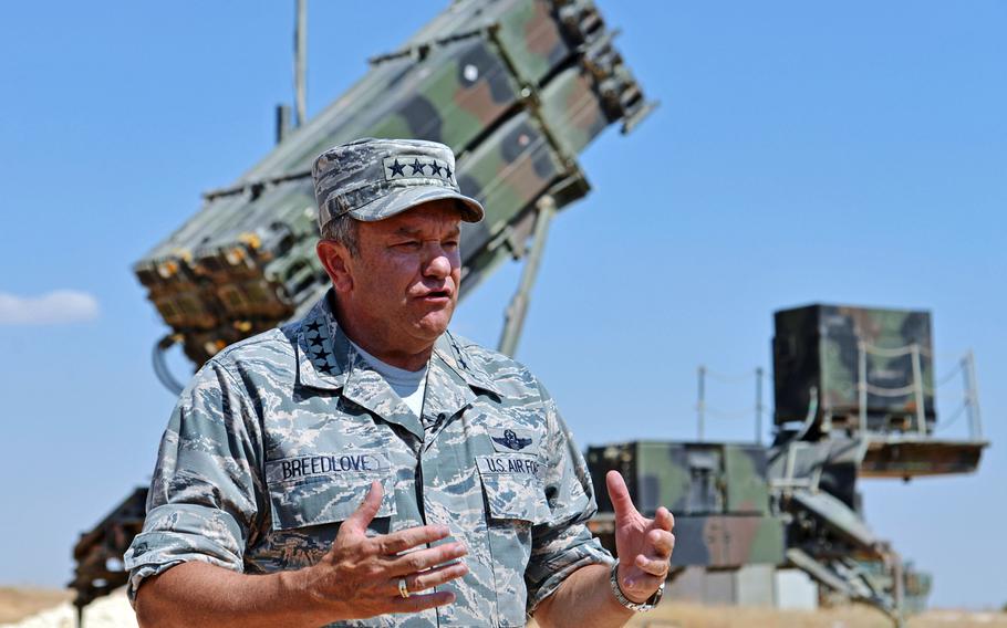 Supreme Allied Commander Europe Air Force Gen. Philip Breedlove talks to the media after visiting a Patriot missile battery of the 5th Battalion, 7th Air Defense Artillery Regiment in Gaziantep, Turkey, Thursday, July 31, 2014. NATO anti-missile batteries are based in southern Turkey to defend against attacks from Syria. Spain has announced it will send Patriots to the border in 2015.