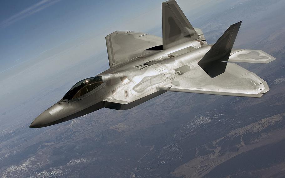 An F-22 Raptor flies in a training mission during Red Flag 12-3 over the Nevada Test and Training Range on March 13, 2012. On Tuesday, Sept. 23, 2014, Pentagon officials said Raptors were among the aircraft that flew missions over Syria providing airstrikes against Islamic State militants.