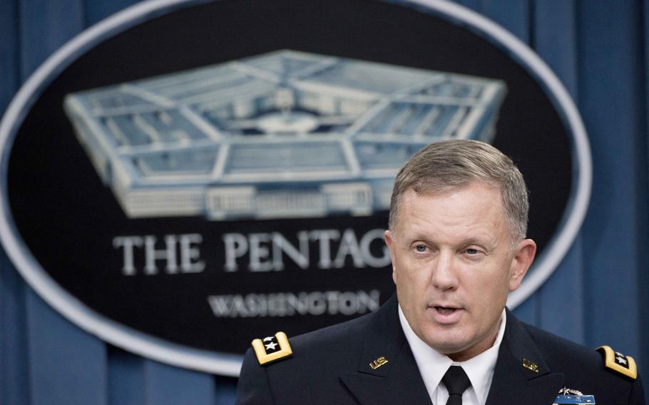 Joint Chiefs of Staff Director for Operations Lt. Gen. William C. Mayville, Jr., briefs the press in the Pentagon press briefing room, Sept. 23, 2014. U.S. and coalition forces conducted air strikes on ISIL targets in Syria and Iraq Monday evening.