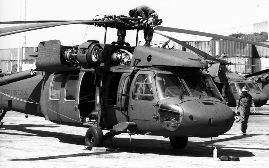 A Black Hawk helicopter undergoes maintenance at a U.S. base in Mogadishu.