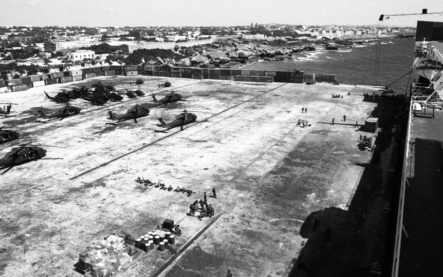 Helicopters in a U.S. facility at the Mogadishu port.