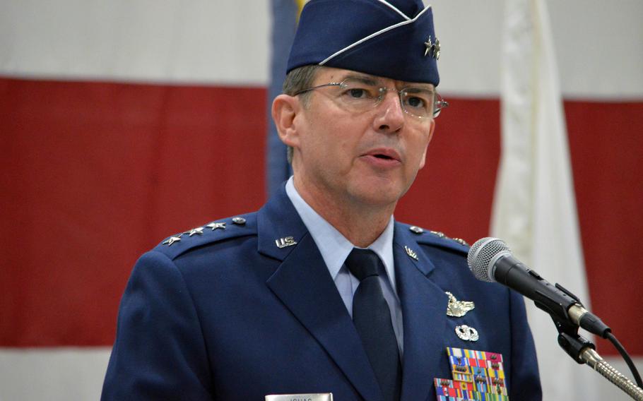 Lt. Gen. Jan-Marc Jouas delivers remarks during an assumption-of-command ceremony at Osan Air Base, South Korea, on Friday, Dec. 19, 2014. Jouas is the outgoing 7th Air Force commander.