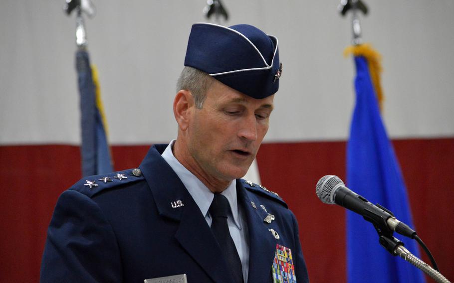 Lt. Gen. Terrence J. O'Shaughnessy gives his remarks during an assumption-of-command ceremony at Osan Air Base, South Korea, on Friday, Dec. 19, 2014. O'Shaughnessy is the incoming 7th Air Force commander.