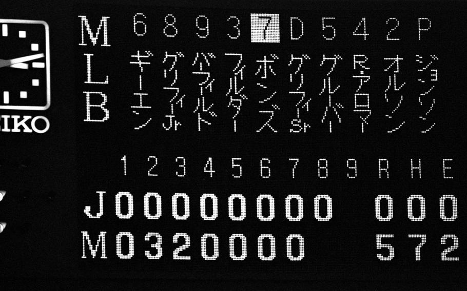 The scoreboard for the last game of the 1990 series between a group of top major leaguers and their Japanese counterparts shows the lineup for the visitors in kanji script. Listed from left to right, vertically below their position numbers, are shortstop Ozzie Guillen; center fielder Ken Griffey, Jr.; right fielder Jesse Barfield; first baseman Cecil Fielder; left fielder Barry Bonds; designated hitter Ken Griffey, Sr.; third baseman Kelly Gruber; second baseman Roberto Alomar; catcher Greg Olson; and pitcher Randy Johnson. The board also shows no hits for the home team, and that's the way the game ended up.