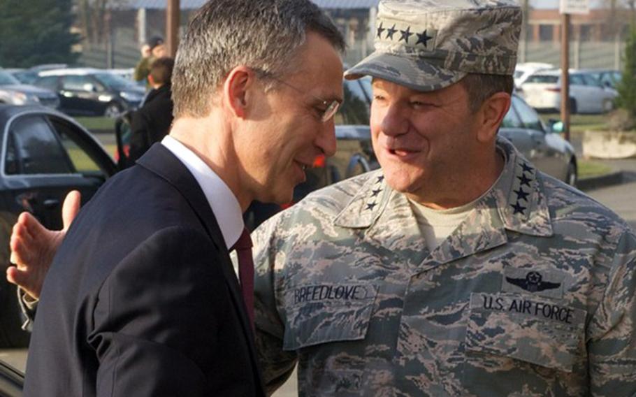 Supreme Allied Commander Europe, General Philip Breedlove welcomes NATO Secretary General Jens Stoltenberg at the Headquarters of Allied Command Operations