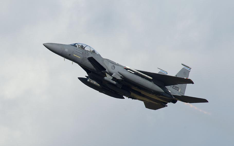 A 48th Fighter Wing F-15E Strike Eagle takes off from RAF Lakenheath, England, in February 2015. The October crash of an F-15D fighter jet was caused by an RAF Lakenheath pilot’s excessive maneuver and an imperfection in the plane’s nose, the Air Force said in a report released Thursday.
