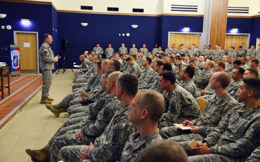 Lt. Gen. Ben Hodges, commander of U.S. Army Europe, speaks to paratroopers assigned to the 173rd Airborne Brigade Feb. 24, 2015, about their role in Europe and the NATO alliance at Vicenza, Italy. The 173rd Airborne is the Army contingency response force in Europe and maintains close relationships with allies and partners through exercises and events across Europe. 