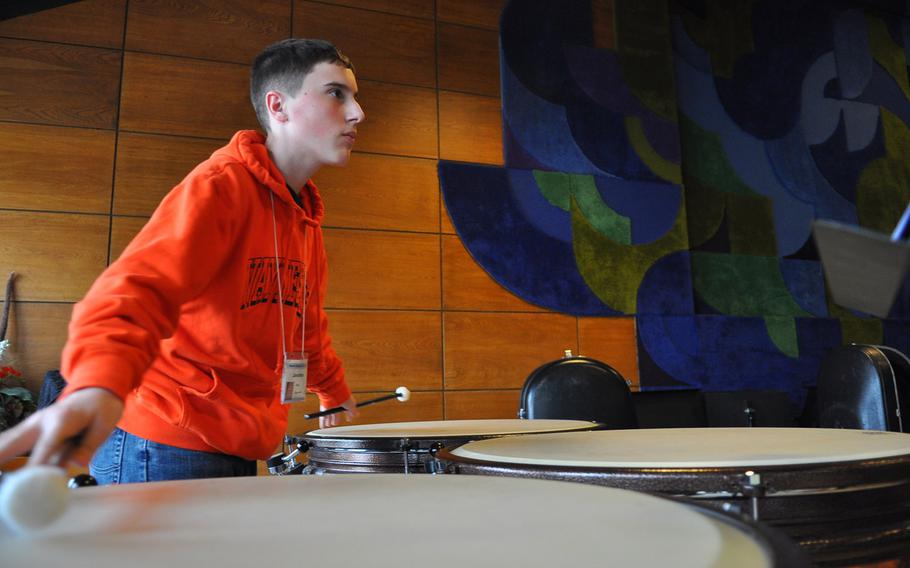 Jonathan Ciero of Ramstein plays the timpani on Tuesday, March 24, 2015, during the annual DODDS-Europe Honors Music Festival in Oberwesel, Germany.