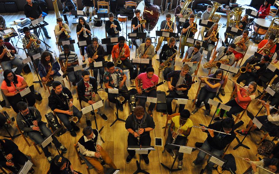 A bird's-eye view of band rehearsal Tuesday, March 24, 2015, at the annual DODDS-Europe Honors Music Festival. The event draws the best vocalists and instrumentalists from across schools in Europe for several days of intense rehearsals, culminating in a public performance Thursday night in Wiesbaden.