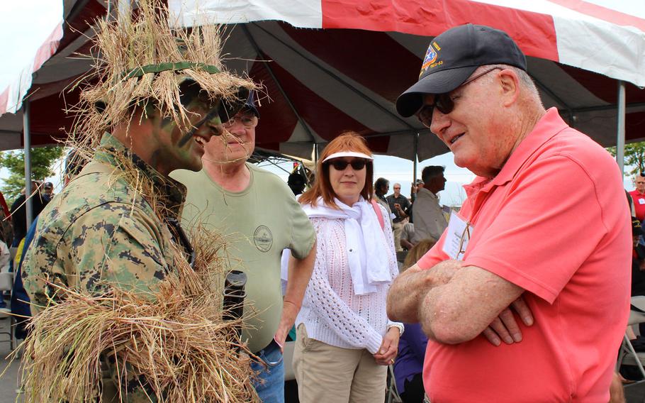 Retired Lt. Gen. Bernard Trainor, right, talks to a Marine with 1st Marine Reconnaissance Battalion on Thursday, April 23, 2015, at a reunion for Vietnam-era recon veterans at Camp Pendleton, Calif.