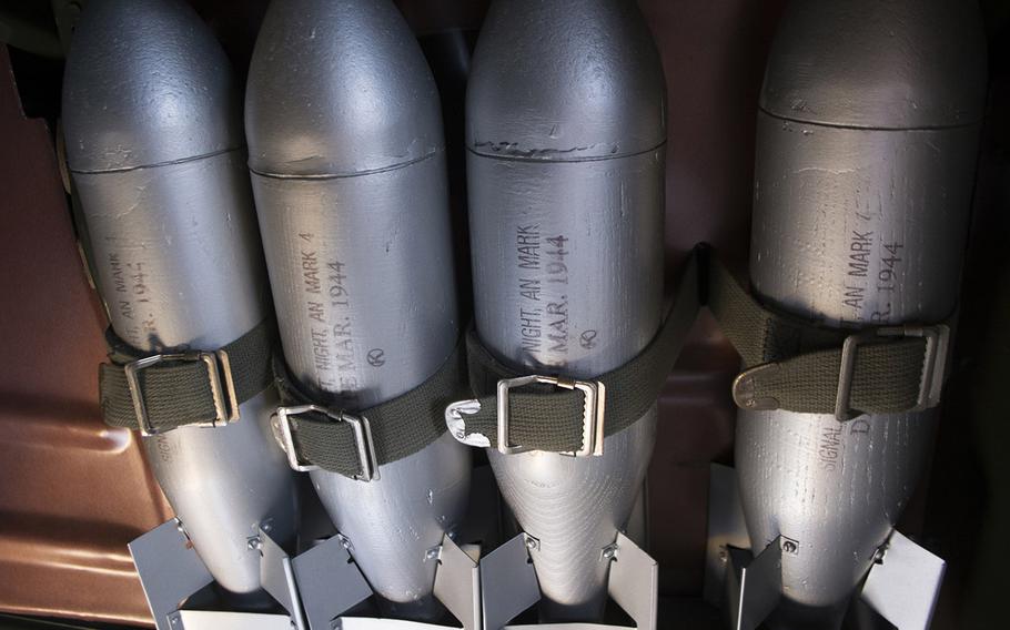 Munitions inside a World War II era plane at the Culpeper Regional Airport Thursday, May 7, during the preview for the Arsenal of Democracy: World War II Victory Capitol Flyover.