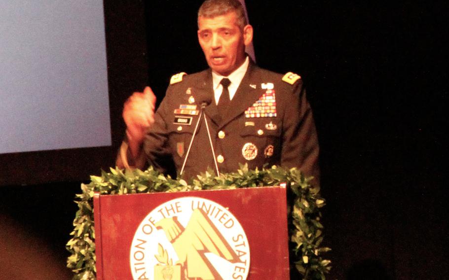 Gen. Vincent Brooks, commander of U.S. Army Pacific, delivers the opening speech at the LANPAC Symposium in Honolulu on Tuesday, May 19, 2015.
