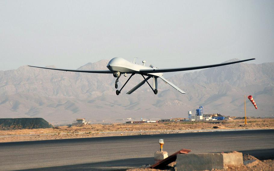 An unmanned aerial vehicle takes off from a Herat, Afghanistan, runway on Aug. 15, 2012.