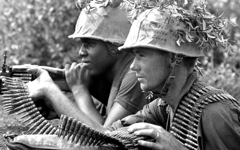 Two U.S. Marines of 3rd Battalion, 5th Regiment, 1st Marine Division open fire during Operation Swift in South Vietnam in September 1967. A study released Wednesday, July 22, 2015, found that some veterans still suffer from post-traumatic stress disorder more than 40 years later. 