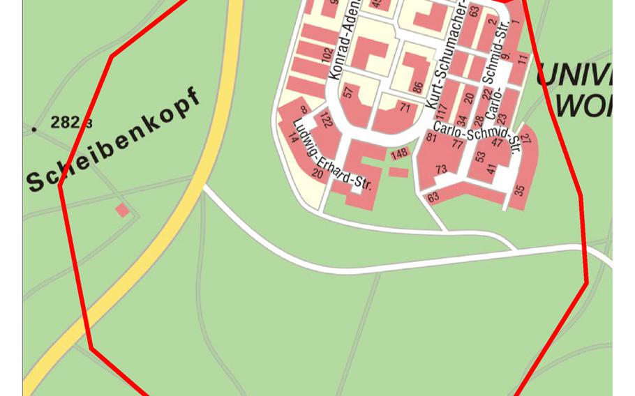 This map shows the area of Kaiserslautern, Germany, to be evacuated for removal of 2 World War II-era bombs on Friday, July 31, 2015.