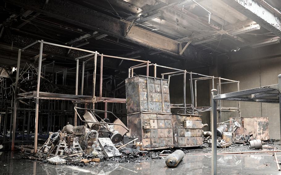The interior of a warehouse at Sagami General Depot, that was the site of Aug. 24, 2015’s early morning explosion at the U.S. Army base near Tokyo. Tanks of oxygen and compressed air exploded around 12:45 am setting the building on fire. U.S. Army and Japanese Defense Ministry officials concluded, in a Nov. 1, 2016 report, that a faulty valve or gasket on an oxygen tank stored in the facility was the most likely cause of the fire.  