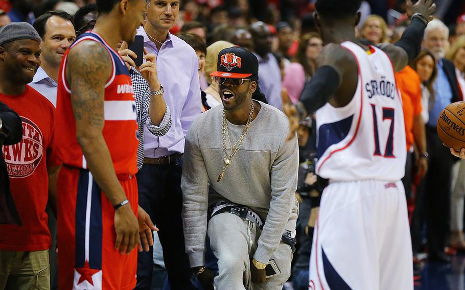 Rap artist 2 Chainz at the Washington Wizards versus Atlanta Hawks game on May 13, 2015, at Philips Arena in Atlanta. 