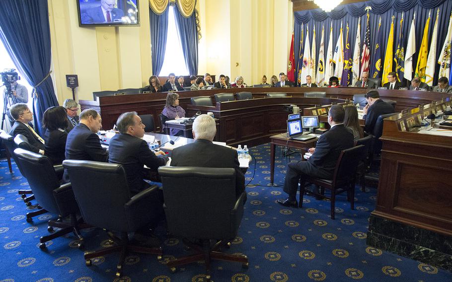 Secretary of Veterans Affairs Bob McDonald and other top VA officials testify at a House Veterans' Affairs Committee hearing on Capitol Hill, Feb. 10, 2016.