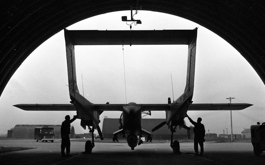 An OV-10 Bronco from the 19th Tactical Air Support Squadron in a hangar at Osan Air Base, South Korea, in September, 1979.
