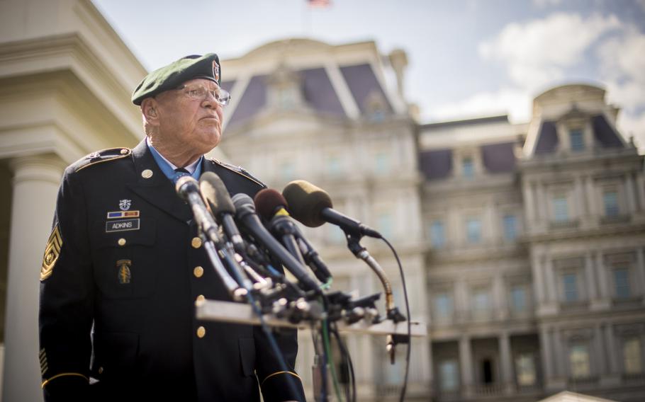 Retired Command Sgt. Maj. Bennie G. Adkins participating in a press conference just after receiving the Medal of Honor at the White House, Sept. 15, 2014. Adkins distinguished himself during 38 hours of close-combat fighting against enemy forces on March 9 to 12, 1966.