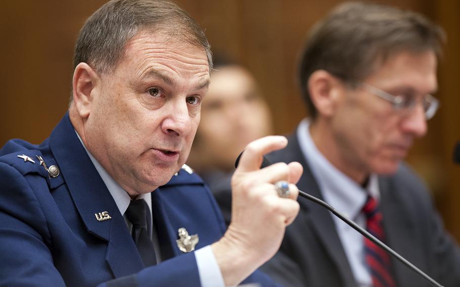 Air Force Lt. Gen. Christopher Bogdan, executive officer for the F-35 Lightening II Joint Program Office, answers questions on Wednesday, March 23, 2016, during a House Committee on Armed Services hearing on Capitol Hill in Washington, D.C., where discussions were held on the future of the F-35.