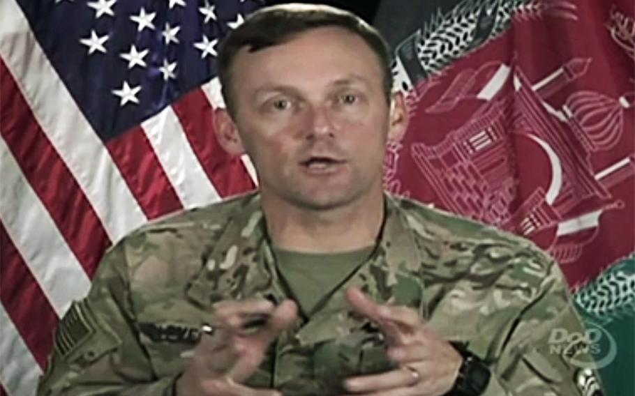 In a screen capture from a DOD video, Army Brig. Gen. Charles H. Cleveland, deputy chief of staff for communications for the Resolute Support mission, updates reporters on operations in Afghanistan, June 1, 2016.