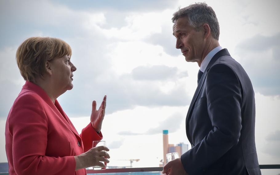 NATO Secretary-General Jens Stoltenberg meets with German Chancellor Angela Merkel on Thursday, June 2, 2016. Merkel announced that Germany will contribute a battalion-strength unit as part of a rotational NATO presence in the Baltics.

Courtesy NATO