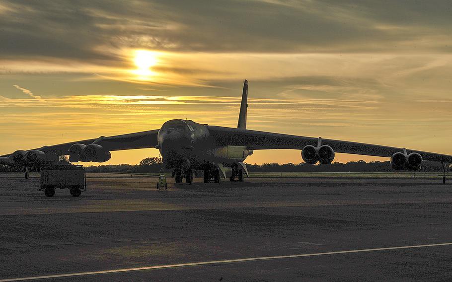 A B-52H Stratofortress forward deployed to Royal Air Force Fairford, England, awaits a training mission on June 16, 2015.