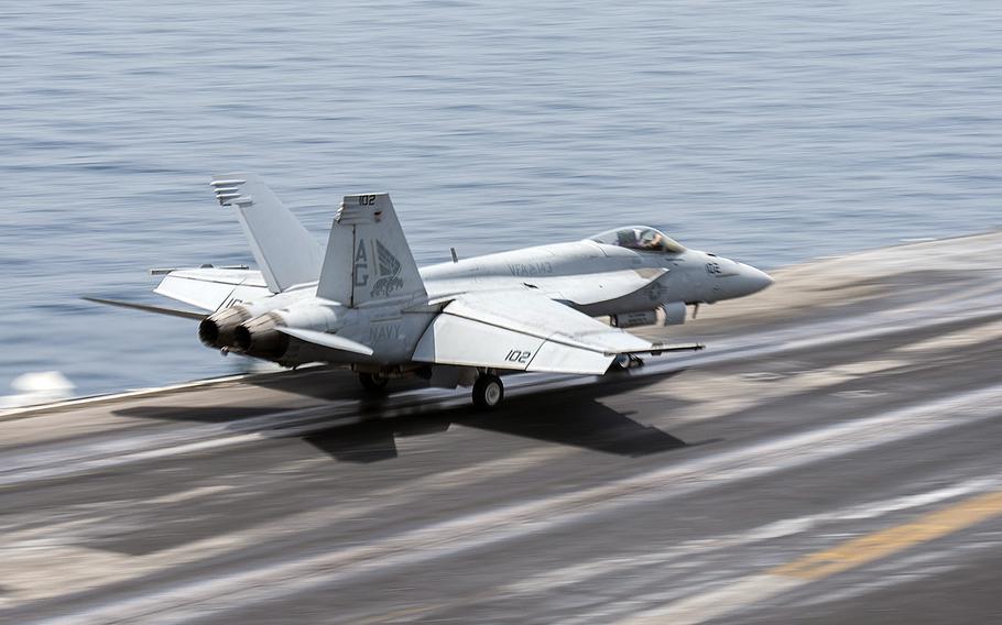 An F/A-18E Super Hornet launches from the flight deck of the aircraft carrier USS Harry S. Truman on April 24, 2016. Airstrikes against Islamic State militants were launched Friday, June 3, 2016, from the Truman while it was operating in the Eastern Mediterranean, according to the European Command.