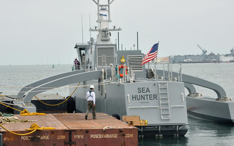 The Navy's largest unmanned vessel prototype, the Sea Hunter, sits at the pier in San Diego where it will undergo testing for the next two years. 