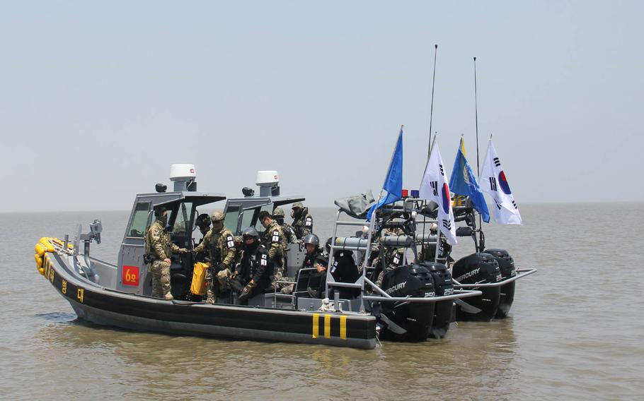 United Nations Command vessels patrol the Han River Estuary, which marks the eastern most portion of the border between North and South Korea, in this undated photo. 