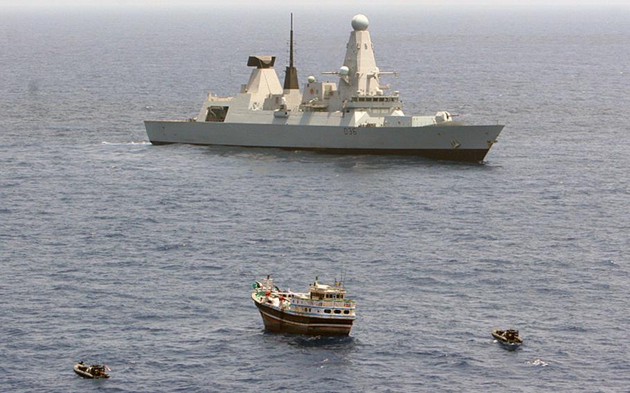 The HMS Defender seized over a metric ton of high-grade hashish off the south coast of Oman on Tuesday, June 7, 2016.  

