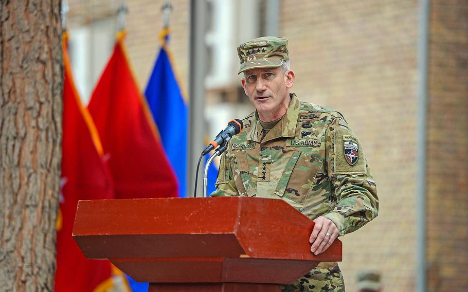 Gen. John Nicholson assumes the duties as the new commander of Resolute Support, U.S. Forces Afghanistan, in a March 2, 2016, ceremony in Kabul. On Friday, June 10, President Barack Obama, approved a proposal by  Nicholson to expand U.S. forces' roles to conduct offensive operations in Afghanistan.
