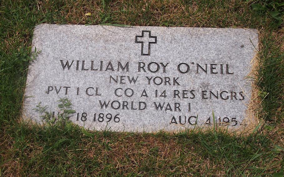 The gravestone of Private 1st Class William O'Neil, a World War I veteran whose grave at the St. Agnes Cemetery in Menands, N.Y.  remained unmarked from 1954 until this year.